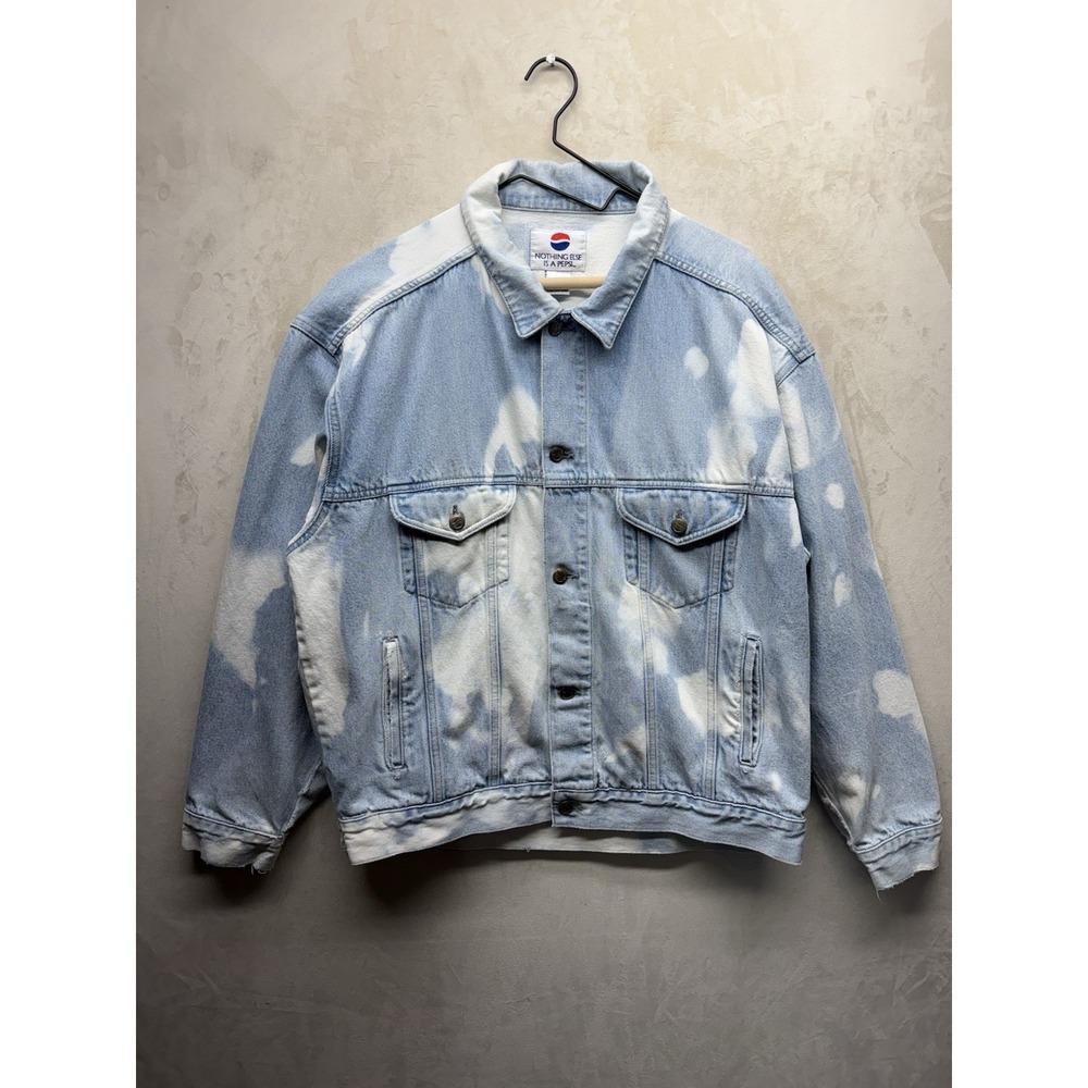 VTG 90s Pepsi Denim Trucker Type 3 Jacket Men XL Blue Bleach Wash Splash Tie Dye